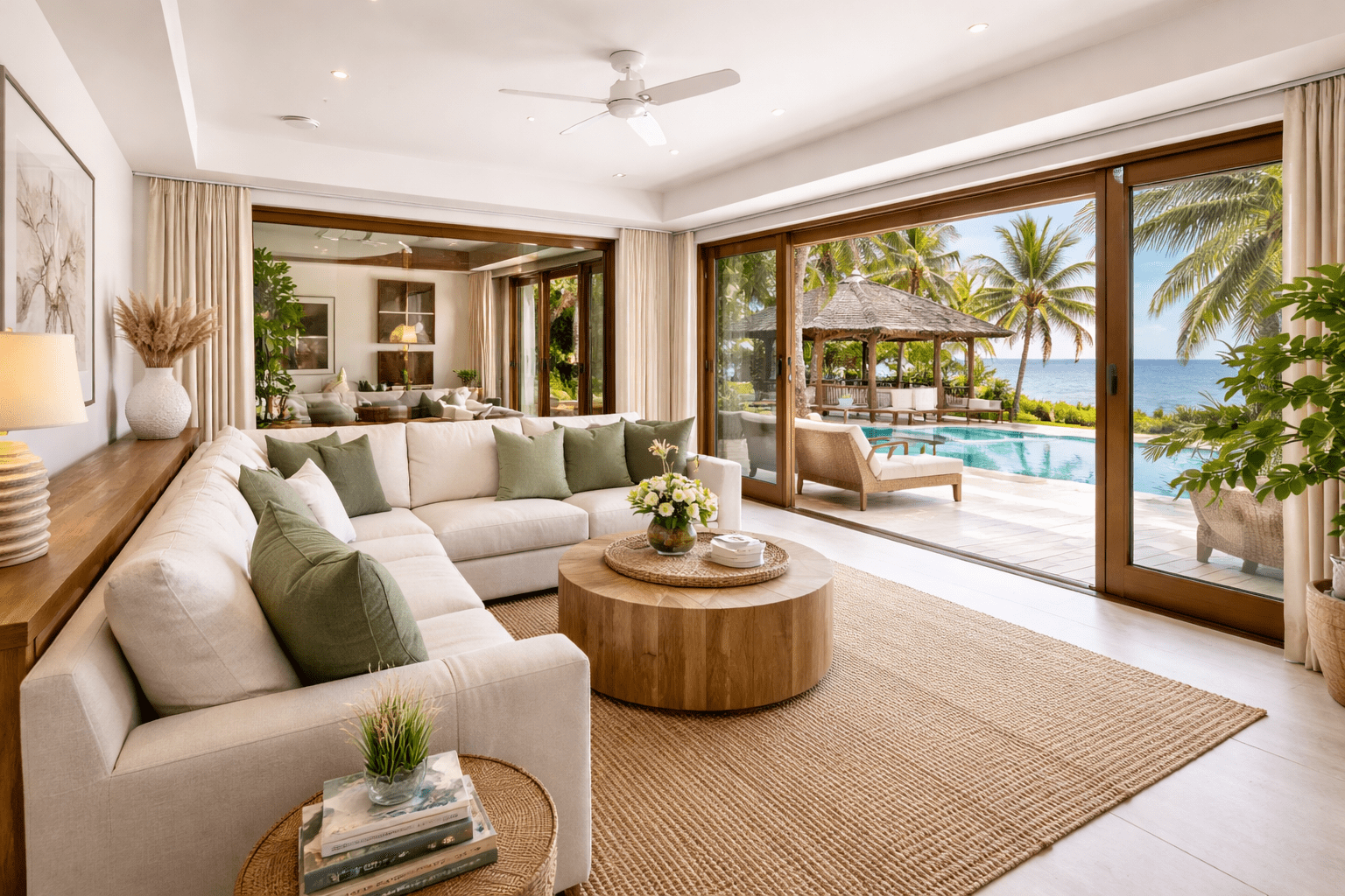 Modern tropical living room with ocean view and natural light under Naomi Vacations LLC’s vacation rental management in Gulf Shores, AL.