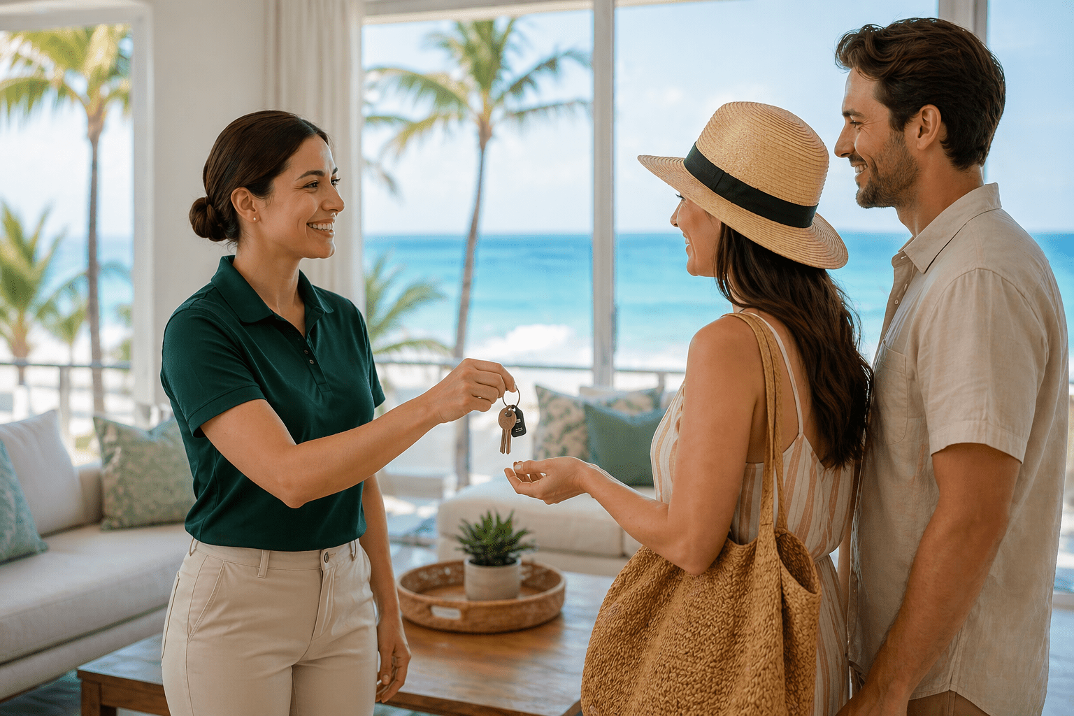 Vacation rental host welcoming guests with key handoff by the beach