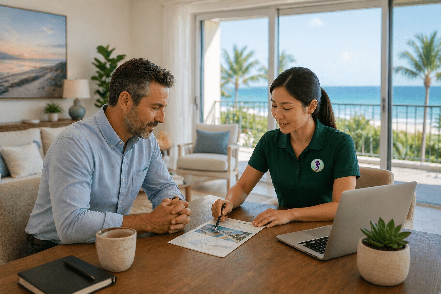 A female staff talking to a property owner about Naomi Vacations LLC vacation rental management in Gulf Shores AL