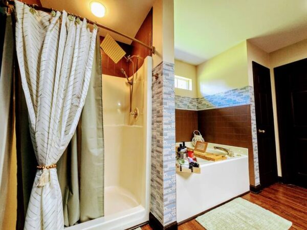 Modern bathroom featuring a shower with a curtain on the left and a freestanding soaking tub with decorative accessories on the right.